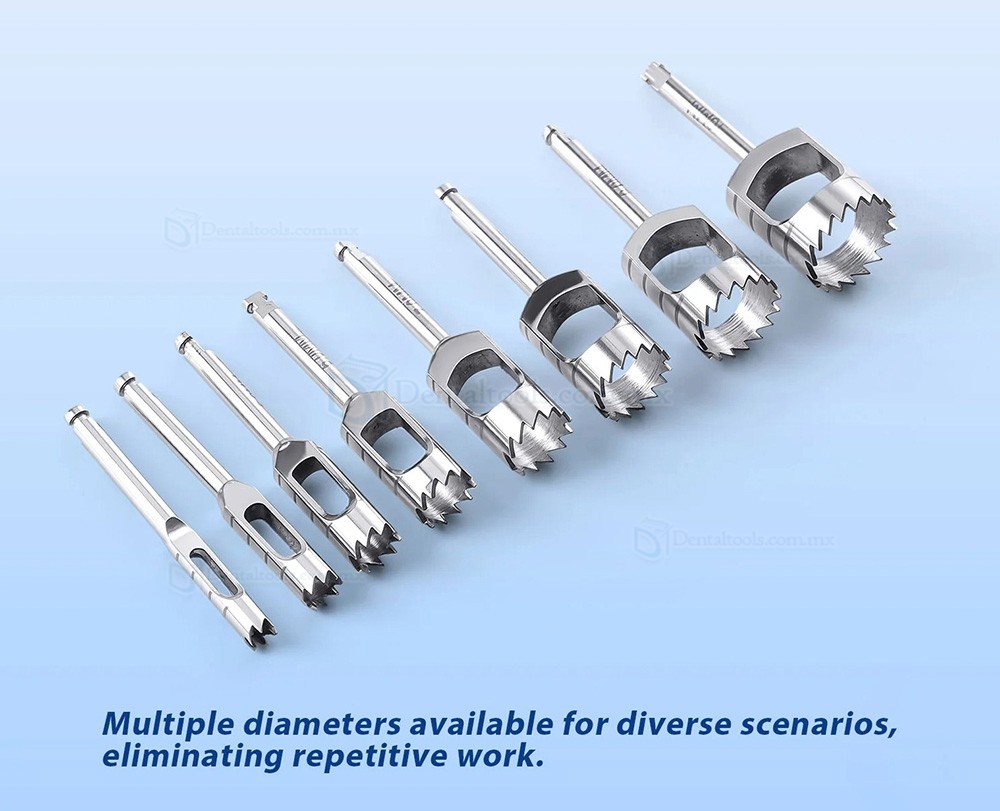 Set de 8 Piezas Kit de Trefinas para Hueso en Implantes Dentales Tipo Corto Instrumental Quir&uacute;rgico